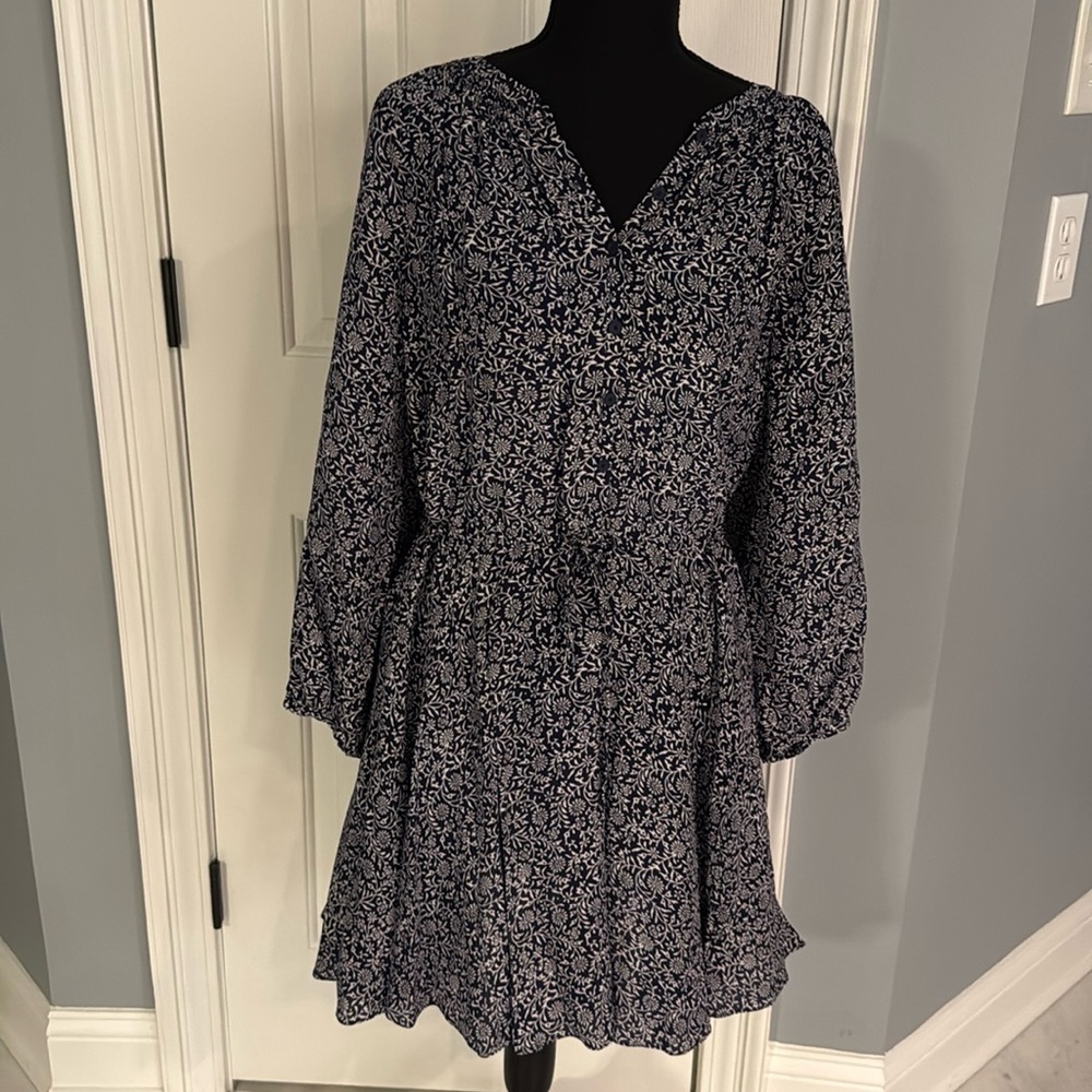 Rebecca Taylor Size 10 drawstring dress with pockets, Royal blue & white pattern